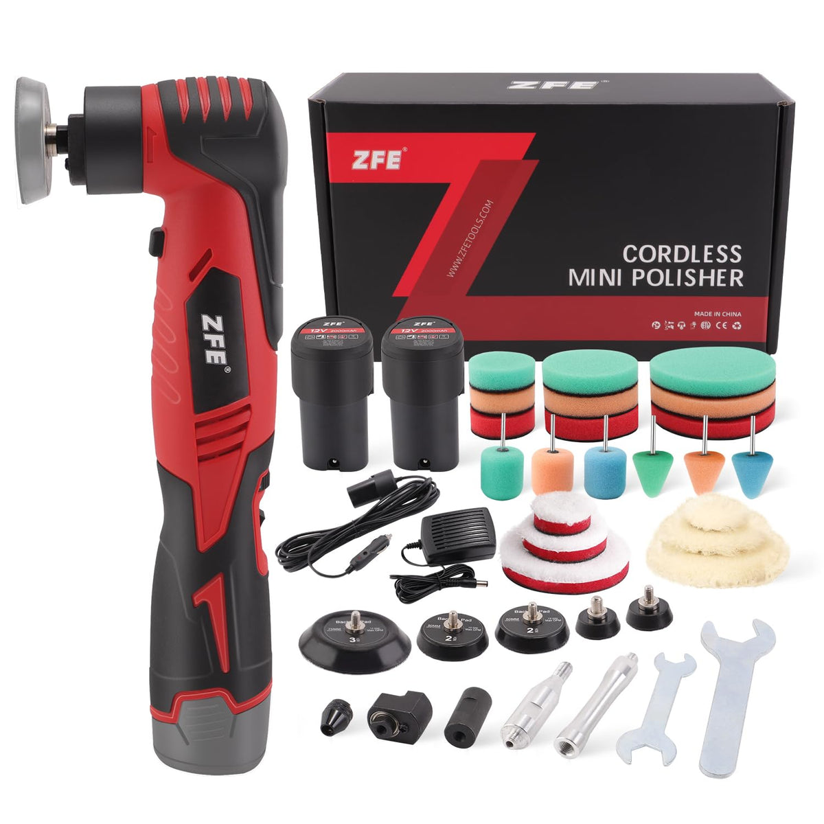 ZFE mini orbital polisher front packaging showing compact tool and benefits