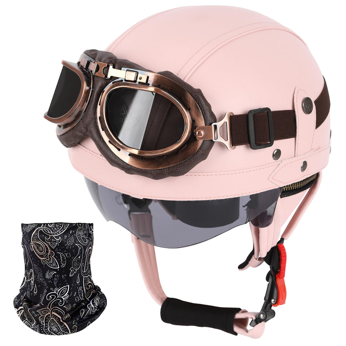 ZGMZLBBD pink half helmet front view showing stylish PU leather and DOT compliance benefit