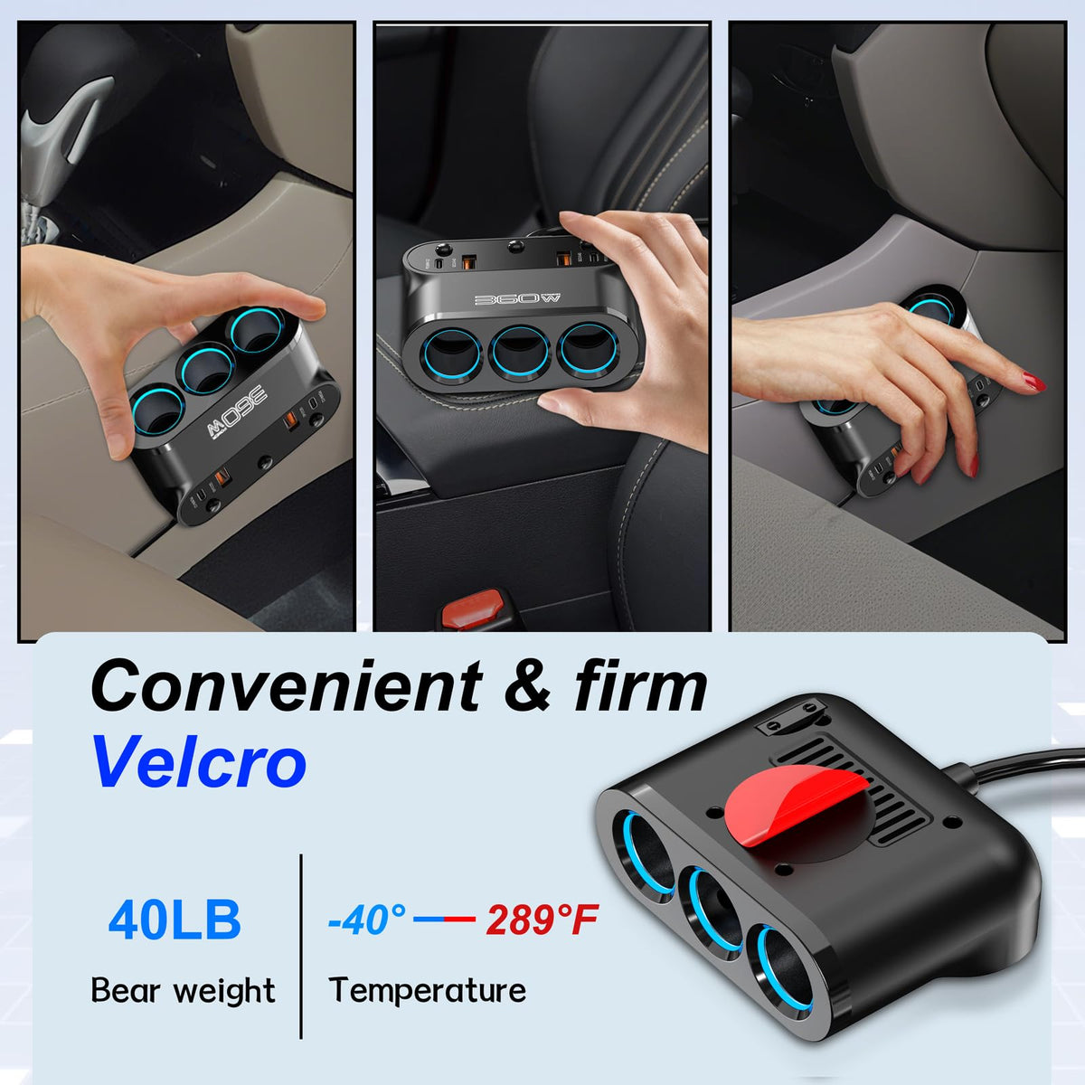 Zhaobeimao lifestyle shot on car dashboard powering phones and GPS for convenience