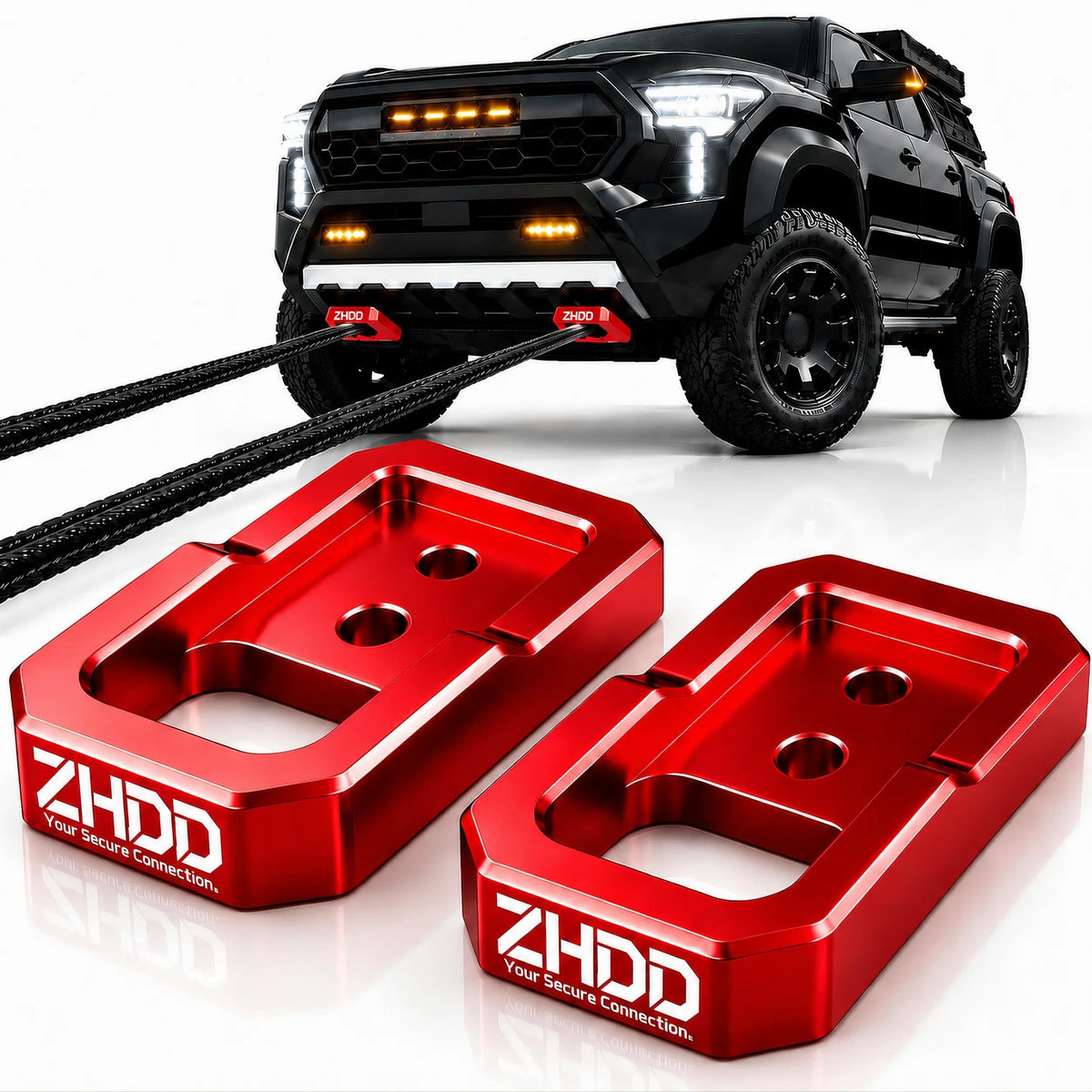 ZHDD front tow hook front view showing mounting fit and bold red finish benefit visibility