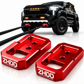 ZHDD front tow hook front view showing mounting fit and bold red finish benefit visibility