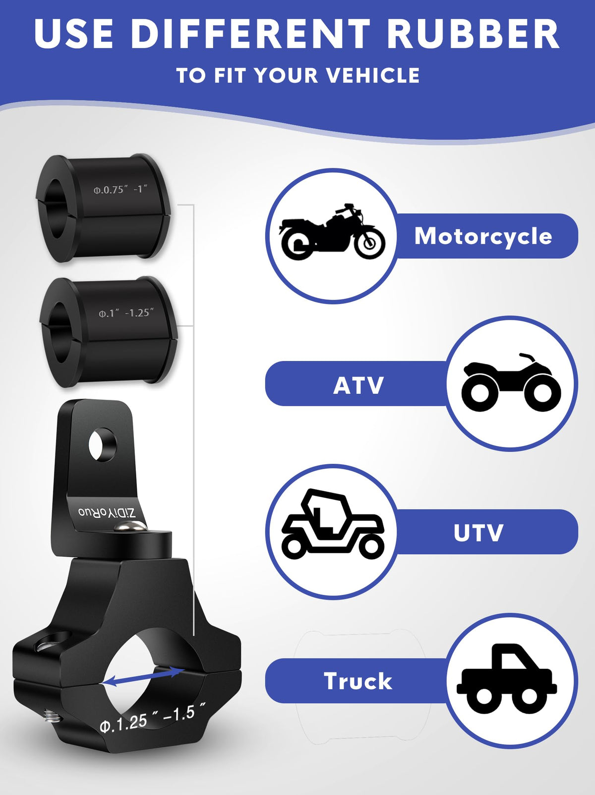 ZIDIYORUO bracket clamped to ATV bar showing tool-free bolt-on installation benefit