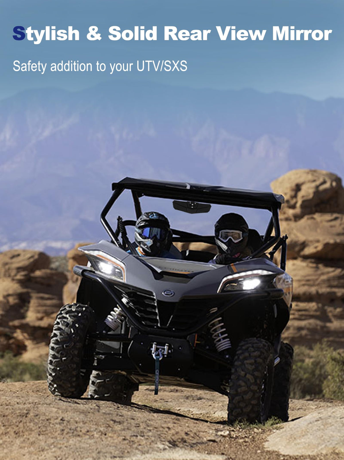 ZIDIYORUO lifestyle shot of UTV on trail with mirror offering safer rear awareness