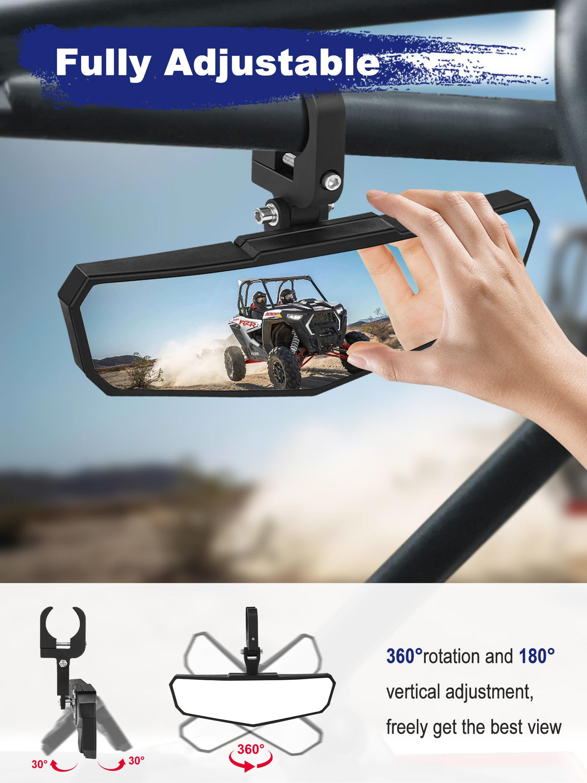 ZIDIYORUO mirror mounted on UTV roll bar showing wider rear visibility while driving