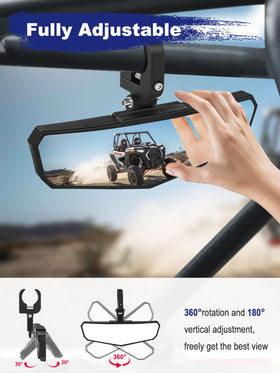 ZIDIYORUO mirror mounted on UTV roll bar showing wider rear visibility while driving