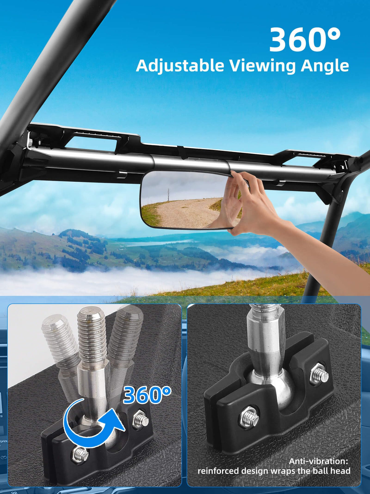 ZIDIYORUO mirror installed inside Polaris Ranger showing clear rear view benefit