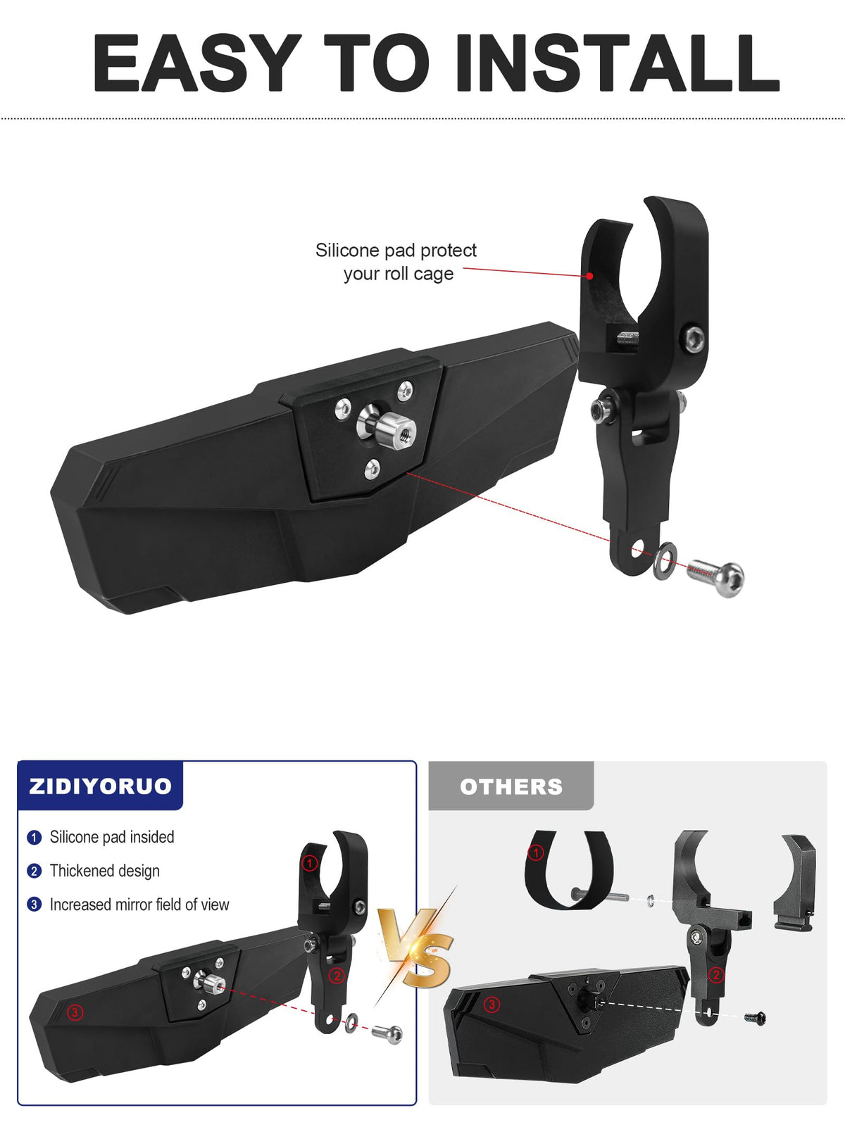 ZIDIYORUO mirror beside a roll bar to show fit and scale for 1.5"–2" tubes
