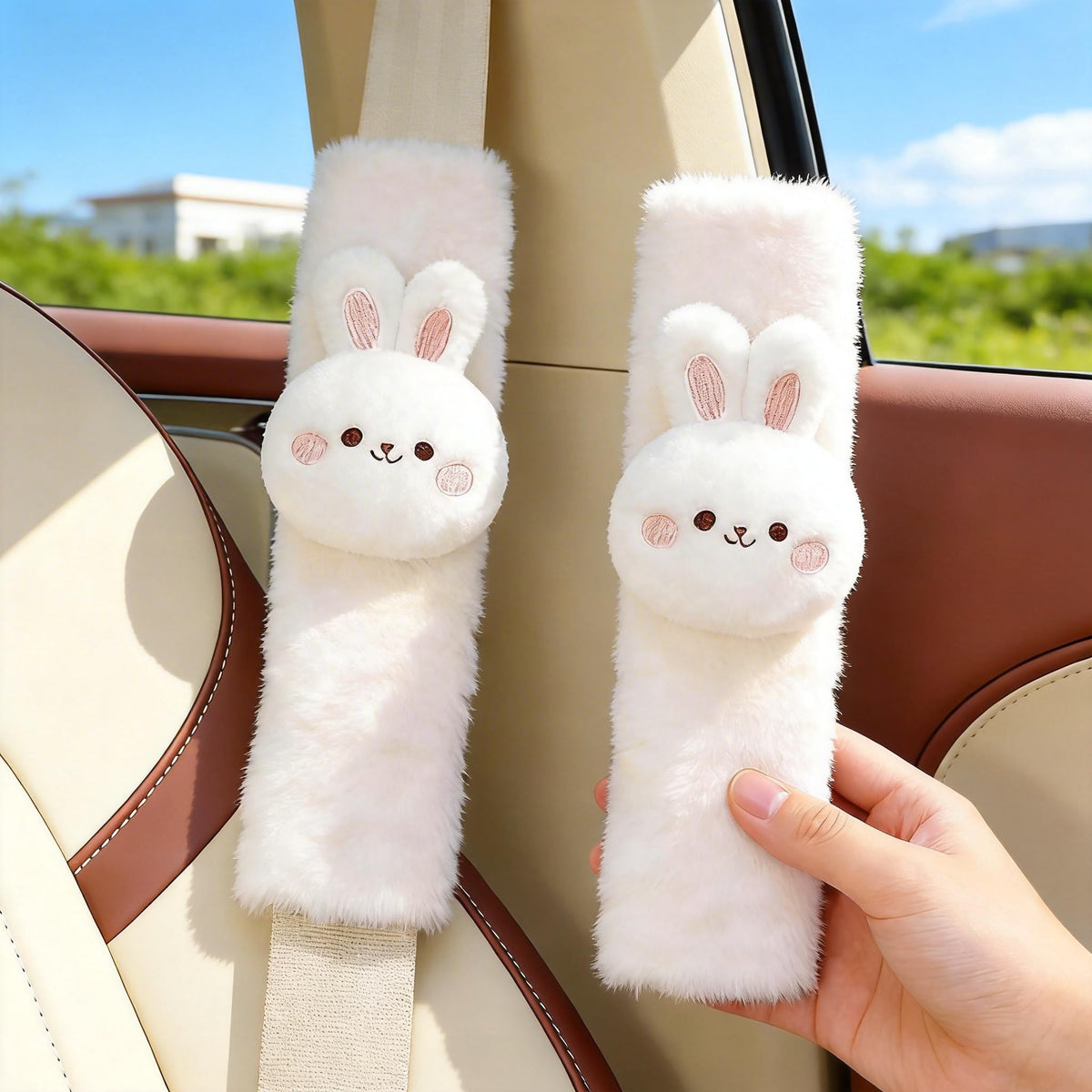 Zigihos front view of bunny seat belt cover showing cute design and packaging benefit comfort