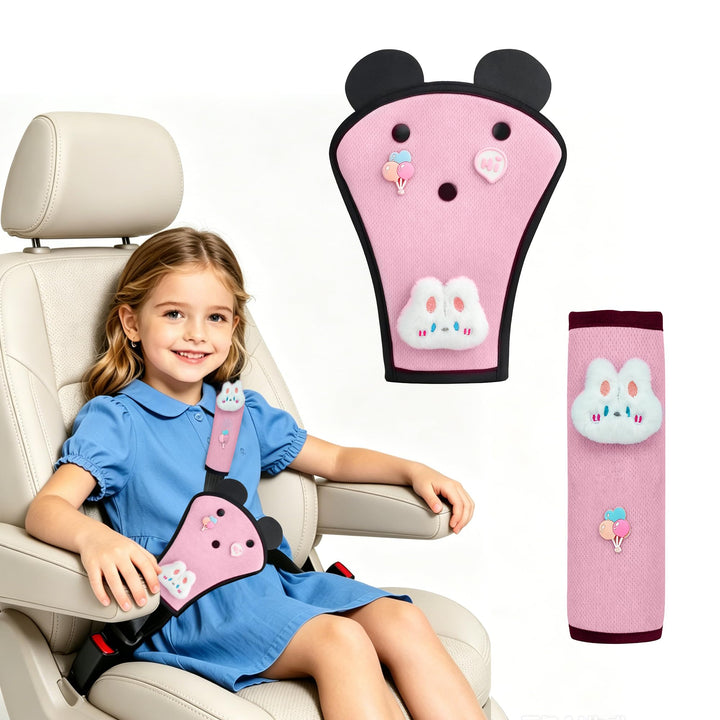 Zigihos front view of bunny seatbelt pads showing playful design and easy fit benefit