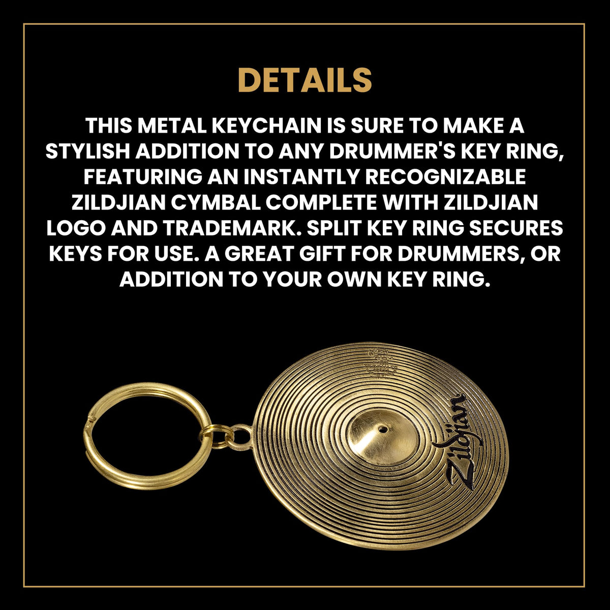 Zildjian keychain beside keys showing 2-inch scale and portability
