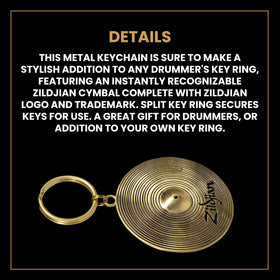 Zildjian keychain beside keys showing 2-inch scale and portability