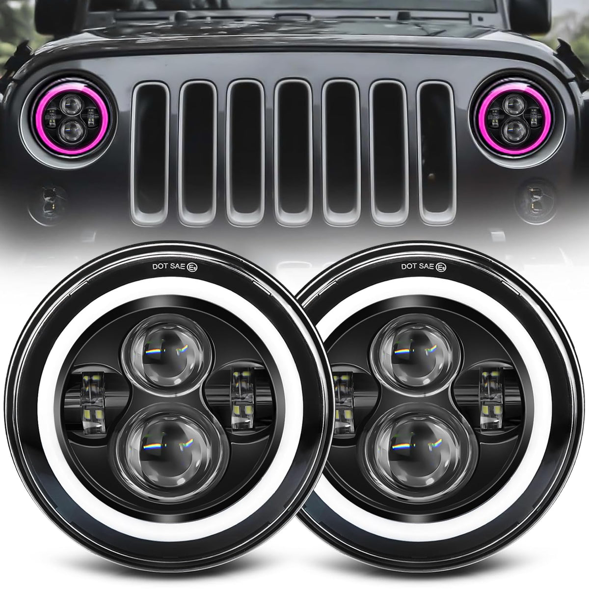ZIMABLUE front view of 7-inch headlight showing bright beams and halo for improved visibility