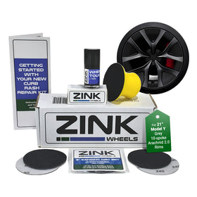 Zink Wheels front packaging showing kit components and Tesla fitment benefit