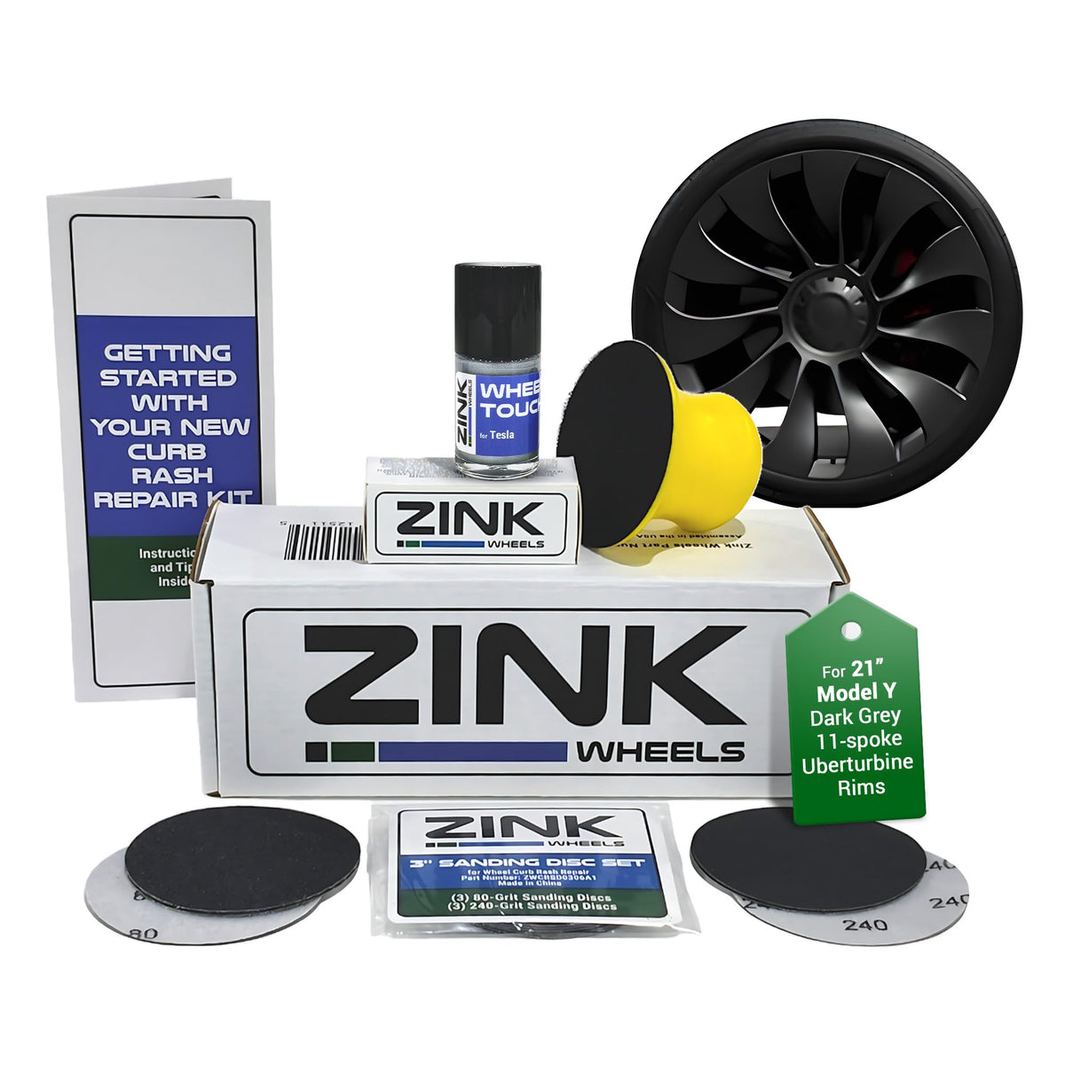 Zink Wheels front kit packaging showing Model Y compatibility and benefits