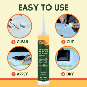 Ziollo applying sealant into an RV roof seam demonstrating easy self-leveling and watertight benefit