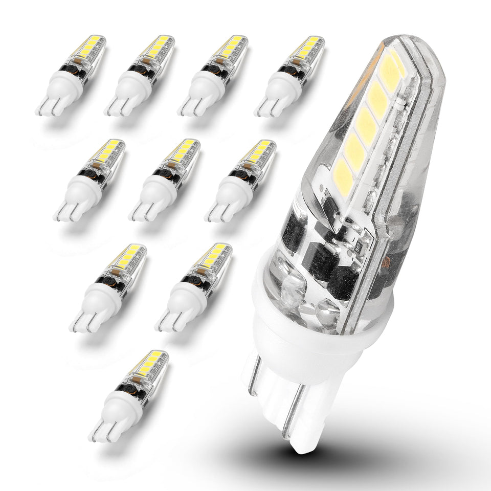 Ziomitus front packaging showing 10-pack T10 LEDs and contents, clear product benefit