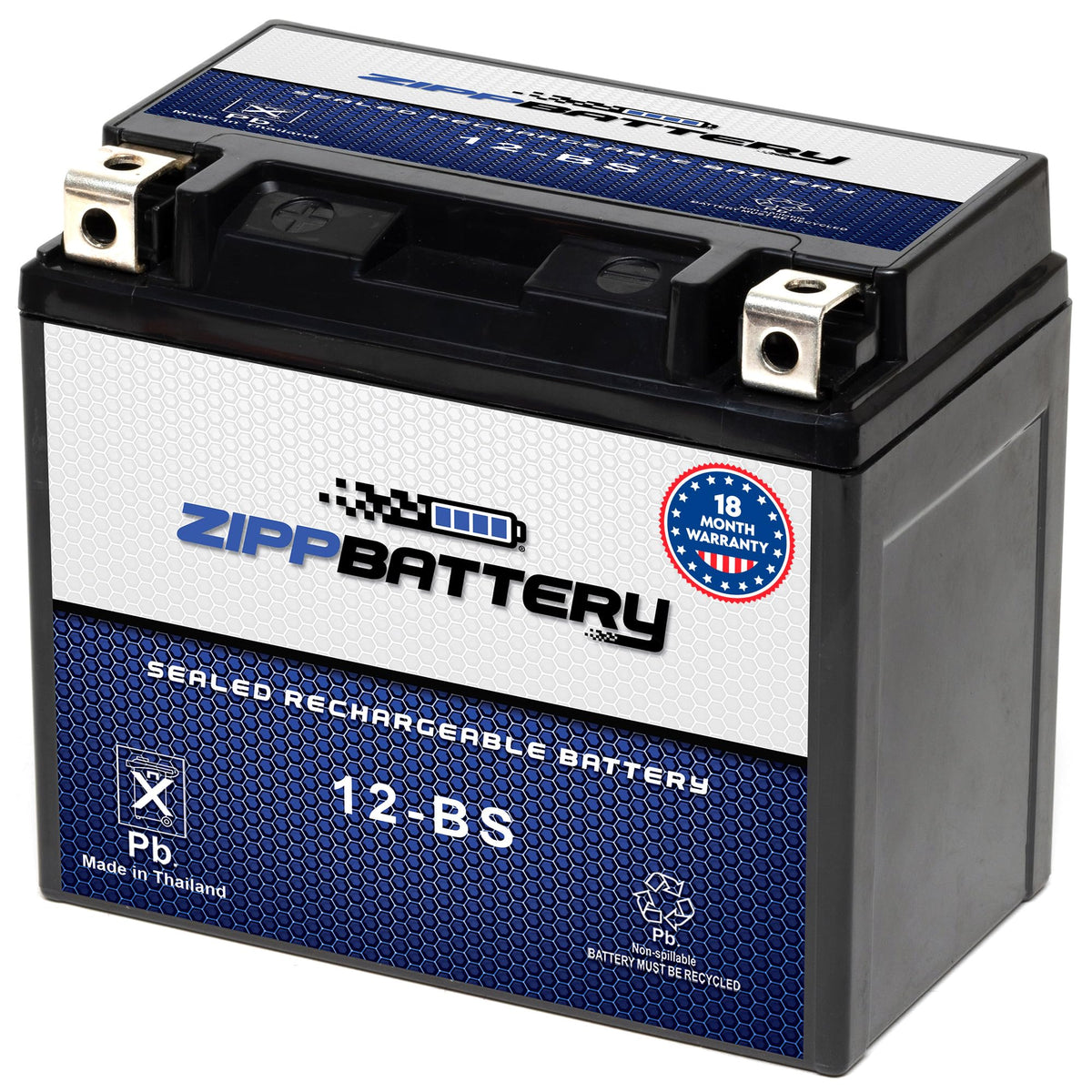 ZIPPBATTERY YTX12-BS front view showing compact case and maintenance-free benefit