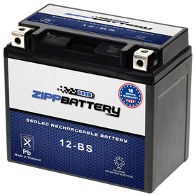 ZIPPBATTERY YTX12-BS front view showing compact case and maintenance-free benefit