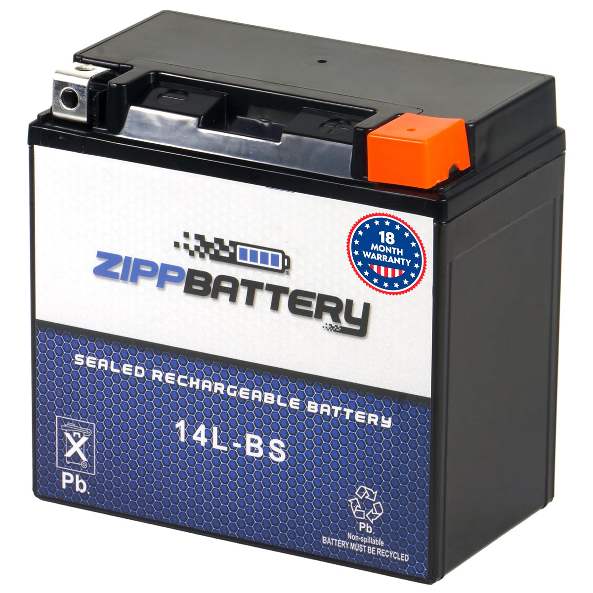ZIPPBATTERY front view showing label and compact case for easy replacement