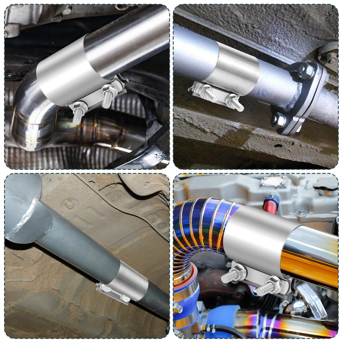 zisiueel clamps joining muffler and pipe showing secure connection and noise control
