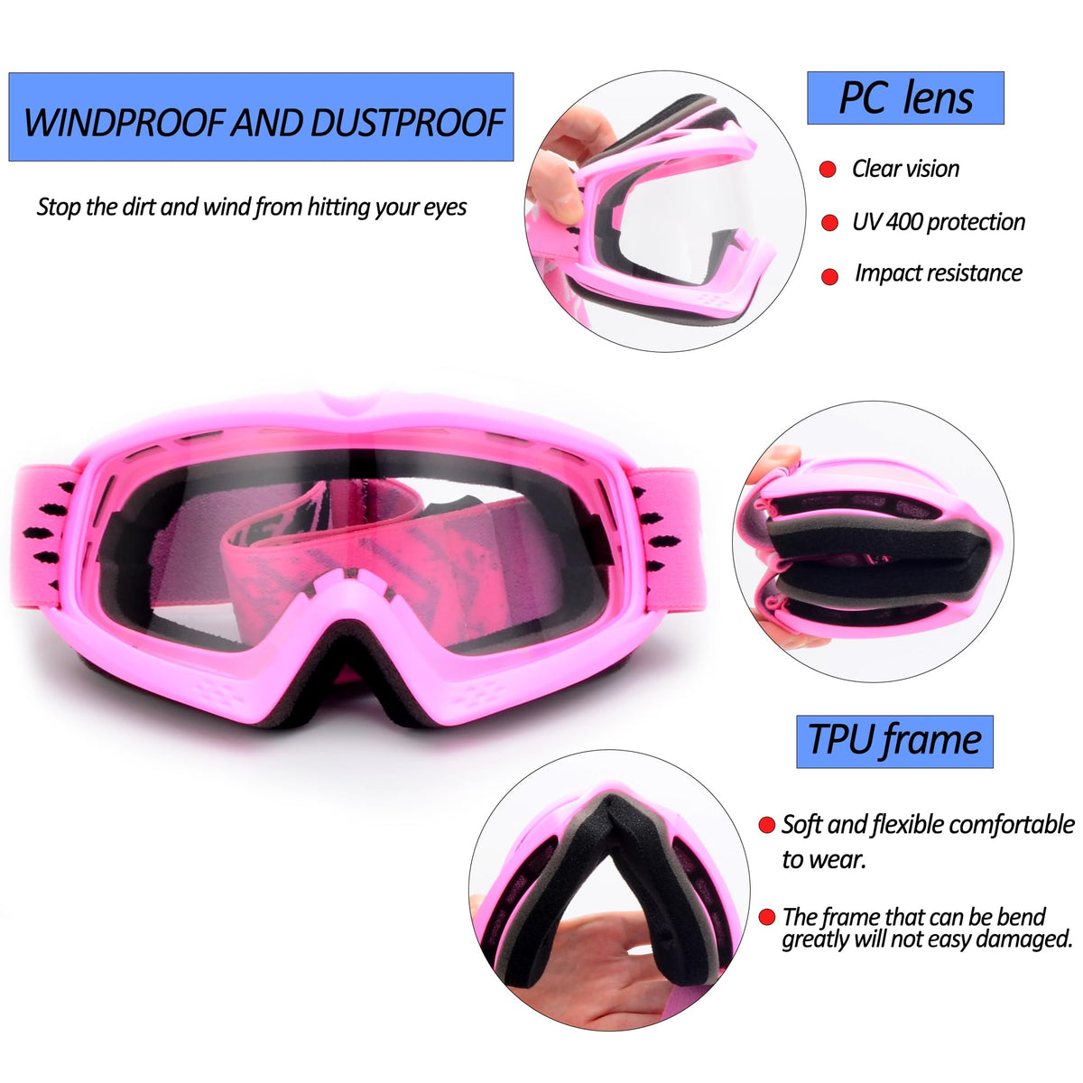 ZJNUO child wearing pink goggles during off-road ride for clear vision