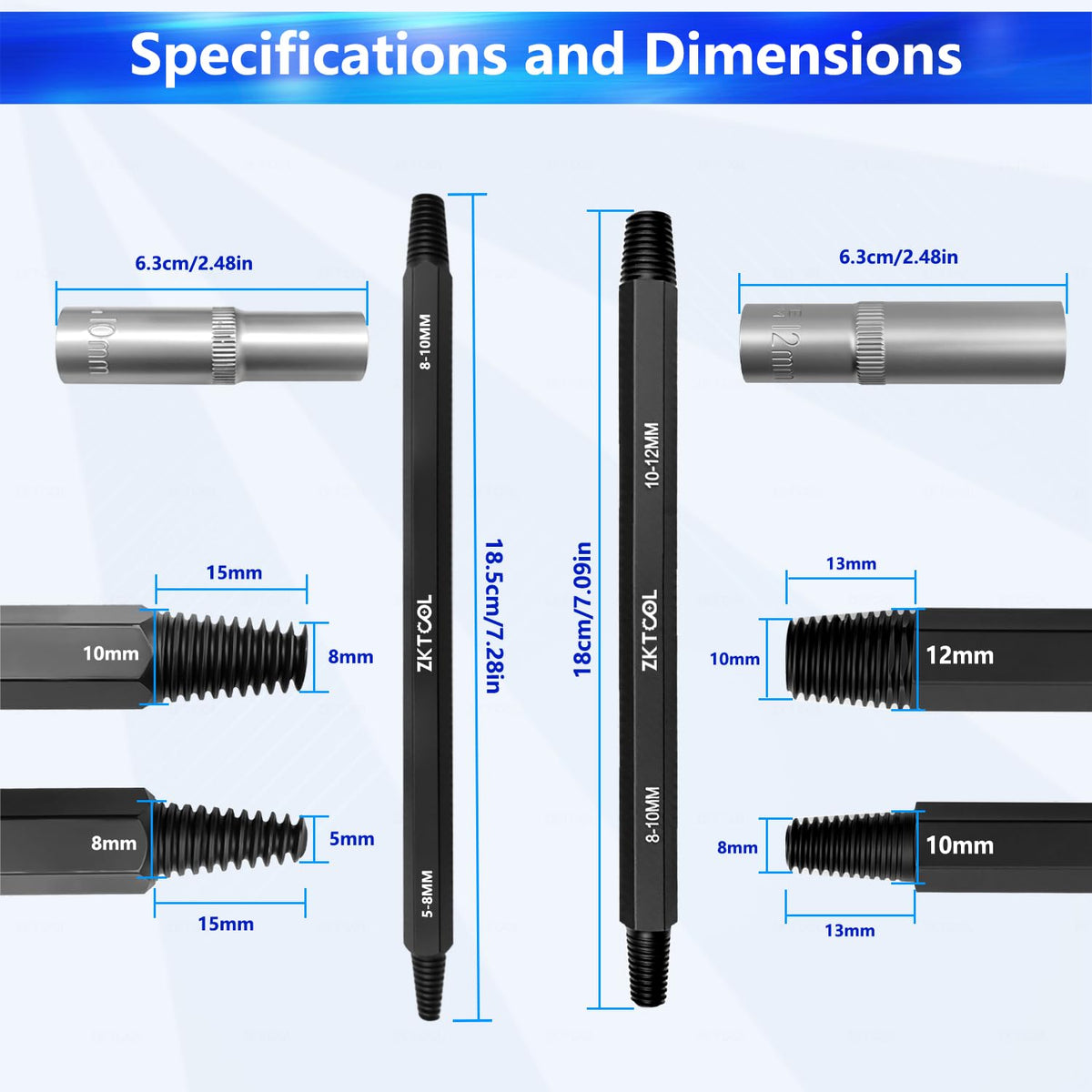 ZKTOOL next to 10mm and 12mm sleeves for clear size and compatibility reference
