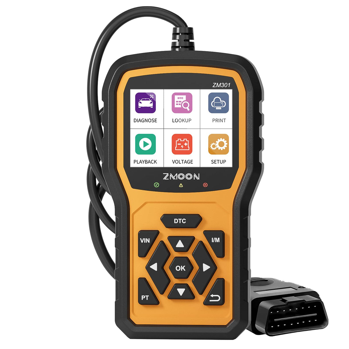 Zmoon ZM301 front display showing live DTCs and menu for quick diagnosis