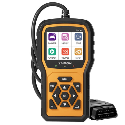 Zmoon ZM301 front display showing live DTCs and menu for quick diagnosis