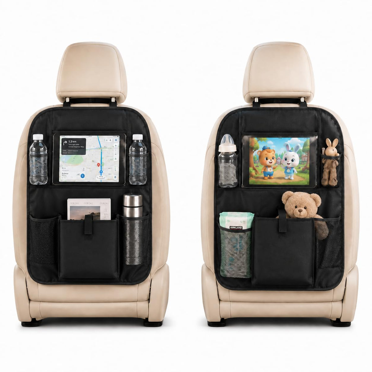 Zntezed front view of organizer showing full pocket layout and tidy storage benefit