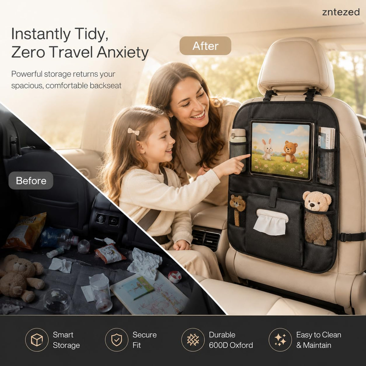 Zntezed pocket configuration filled with toys and snacks for quick access