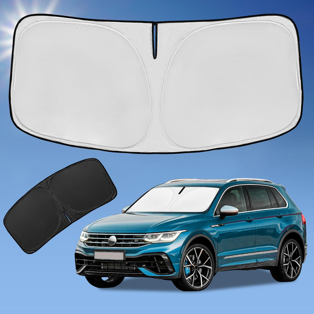 ZOIBV front view of sunshade showing full windshield coverage and protection