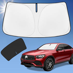 ZOIBV front view of custom GLC 300 sun shade showing full windshield coverage and cool cabin benefit
