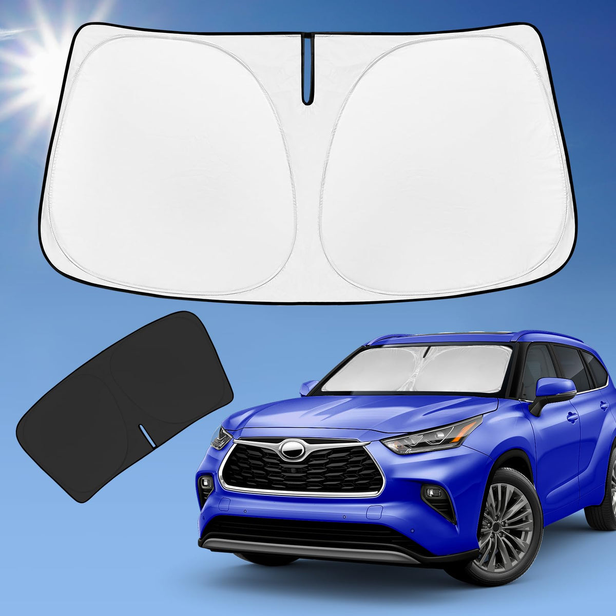 ZOIBV front view on Highlander showing full windshield coverage and sun protection