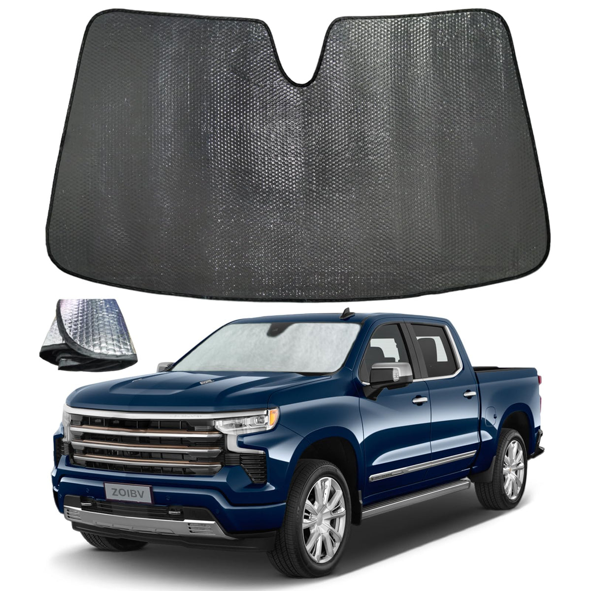ZOIBV front view on Silverado windshield showing full coverage and cooling benefit