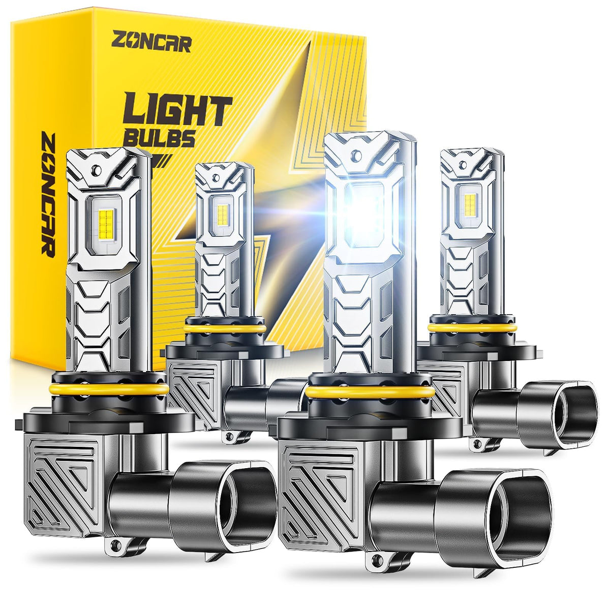 ZonCar front packaging showing box of 4 bulbs and model info, clear upgrade benefit
