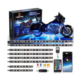 ZONECONA front-mounted underglow on motorcycle showcasing bright multicolor visibility