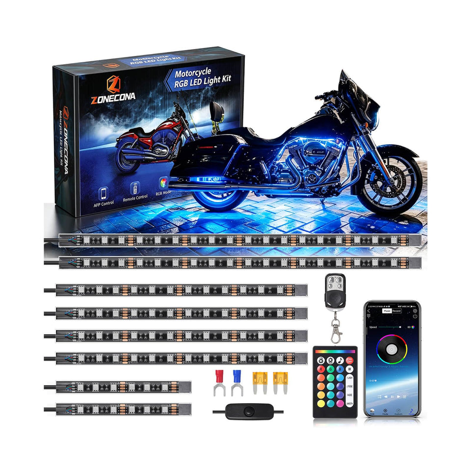 ZONECONA front-mounted underglow on motorcycle showcasing bright multicolor visibility