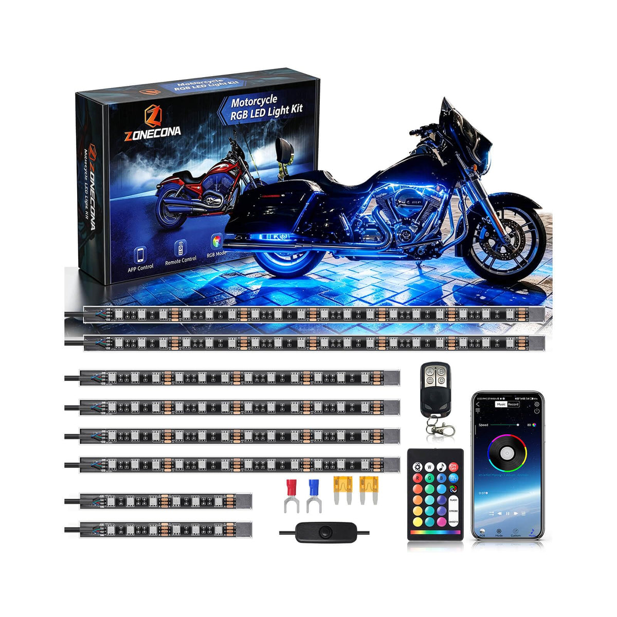 ZONECONA front view packed kit showing all eight LED strips and controller, easy setup benefit