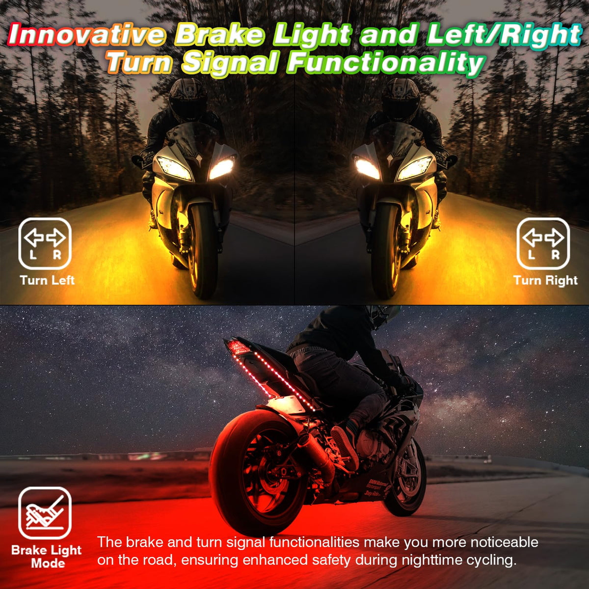ZONECONA installed on motorcycle at night illustrating vibrant underglow and improved visibility