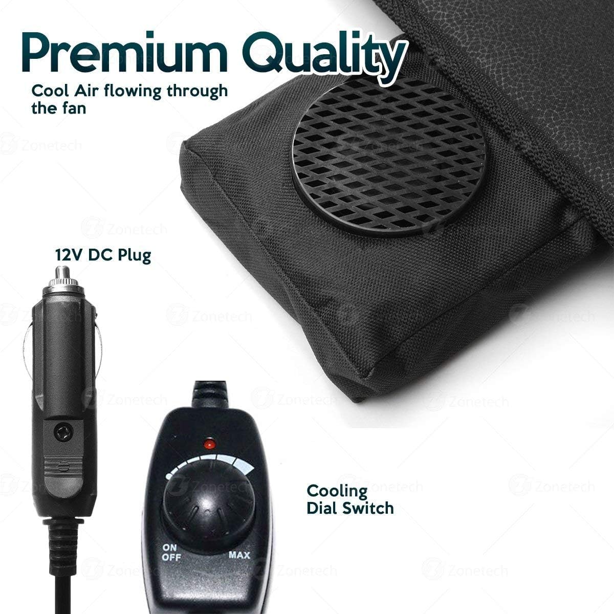 ZONETECH packaging and contents layout showing included cushion and power cord