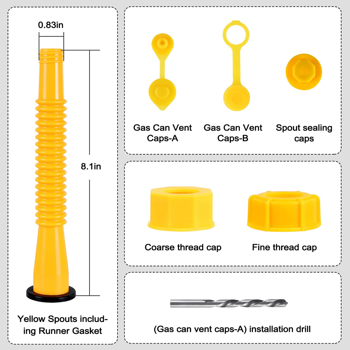 Zoolowua scale comparison with common gas cans, shows 8.1-inch spout length advantage