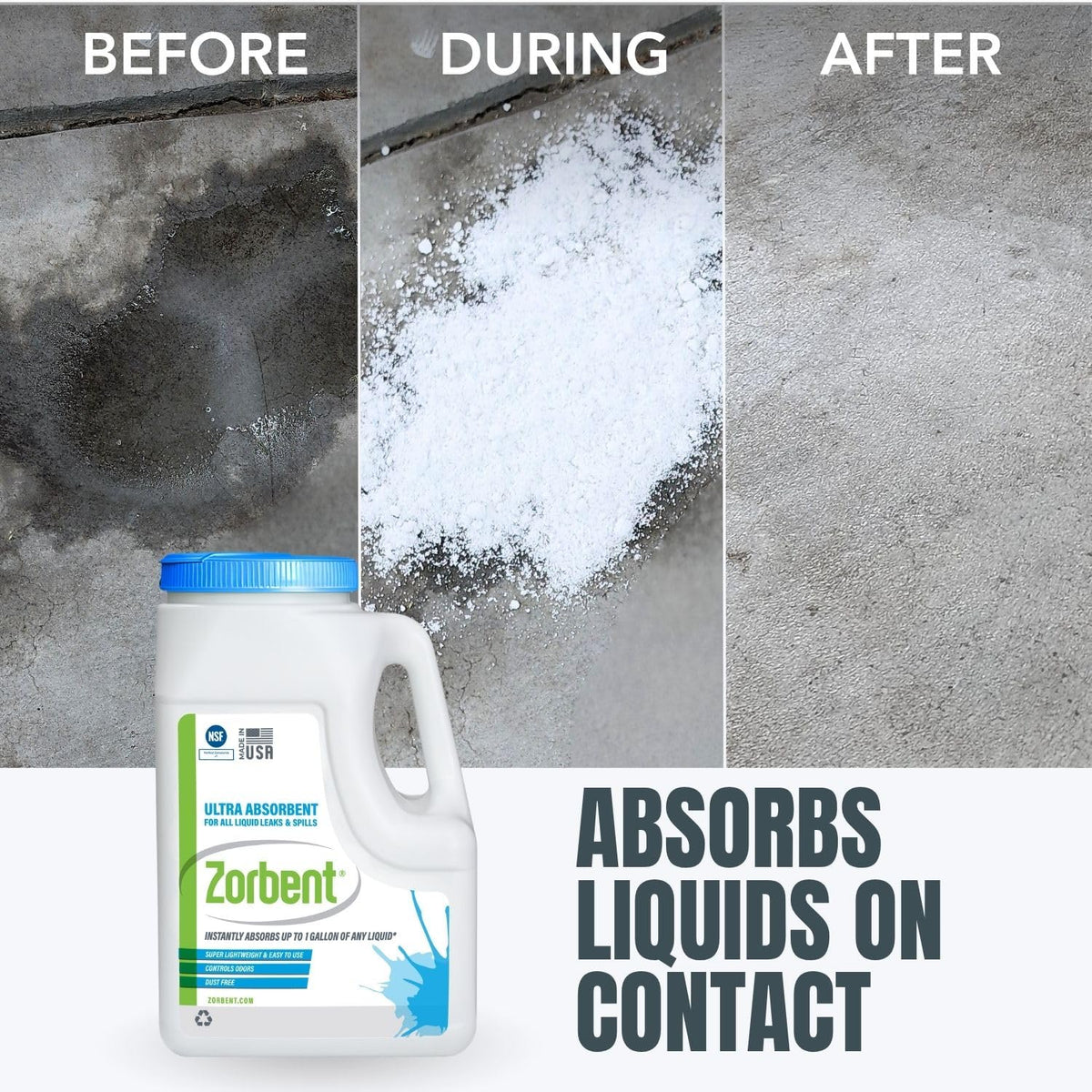Zorbent being poured on a spill demonstrating quick containment benefit