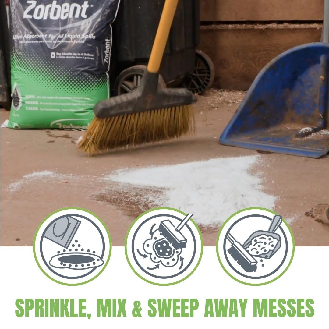 Zorbent in use on garage floor absorbing oil spill for faster safe cleanup