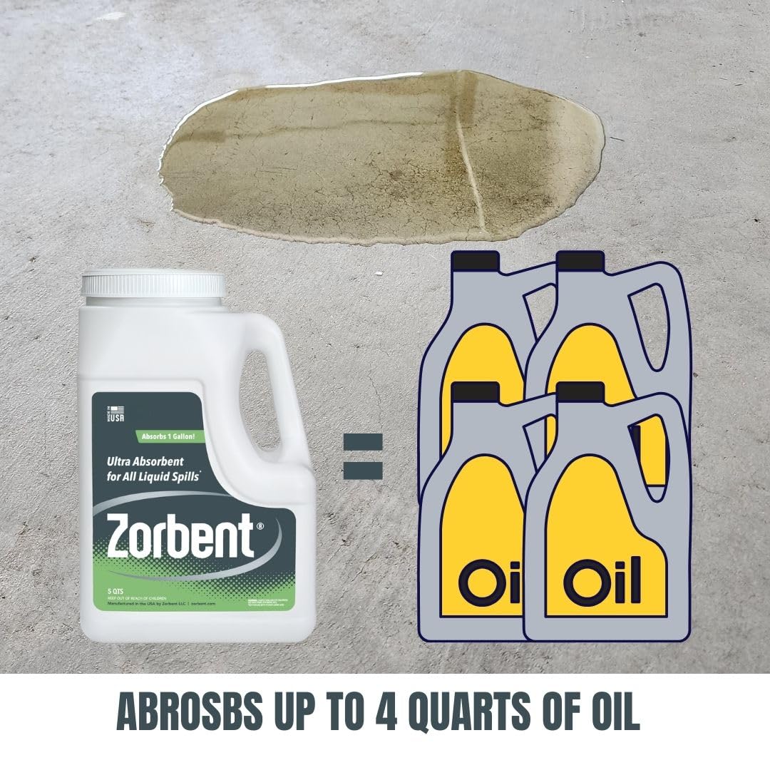 Zorbent jug beside common garage items showing compact size and convenience benefit