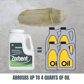 Zorbent jug beside common garage items showing compact size and convenience benefit