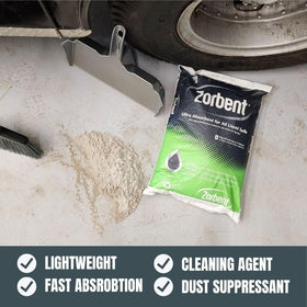 Zorbent being swept into dustpan after binding liquid for easy removal