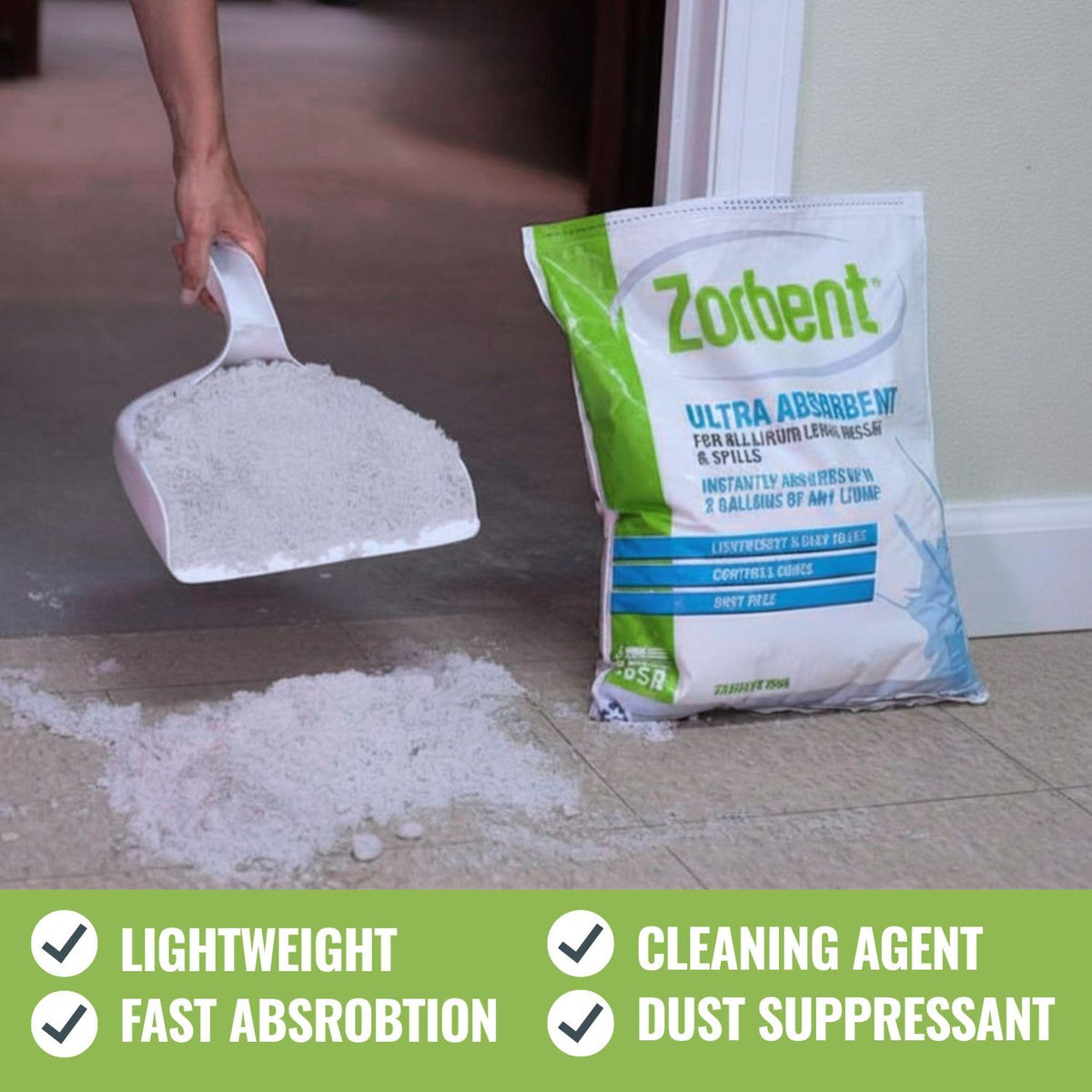 Sweeping up spent Zorbent demonstrating easy removal and reduced residue benefit