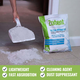 Sweeping up spent Zorbent demonstrating easy removal and reduced residue benefit