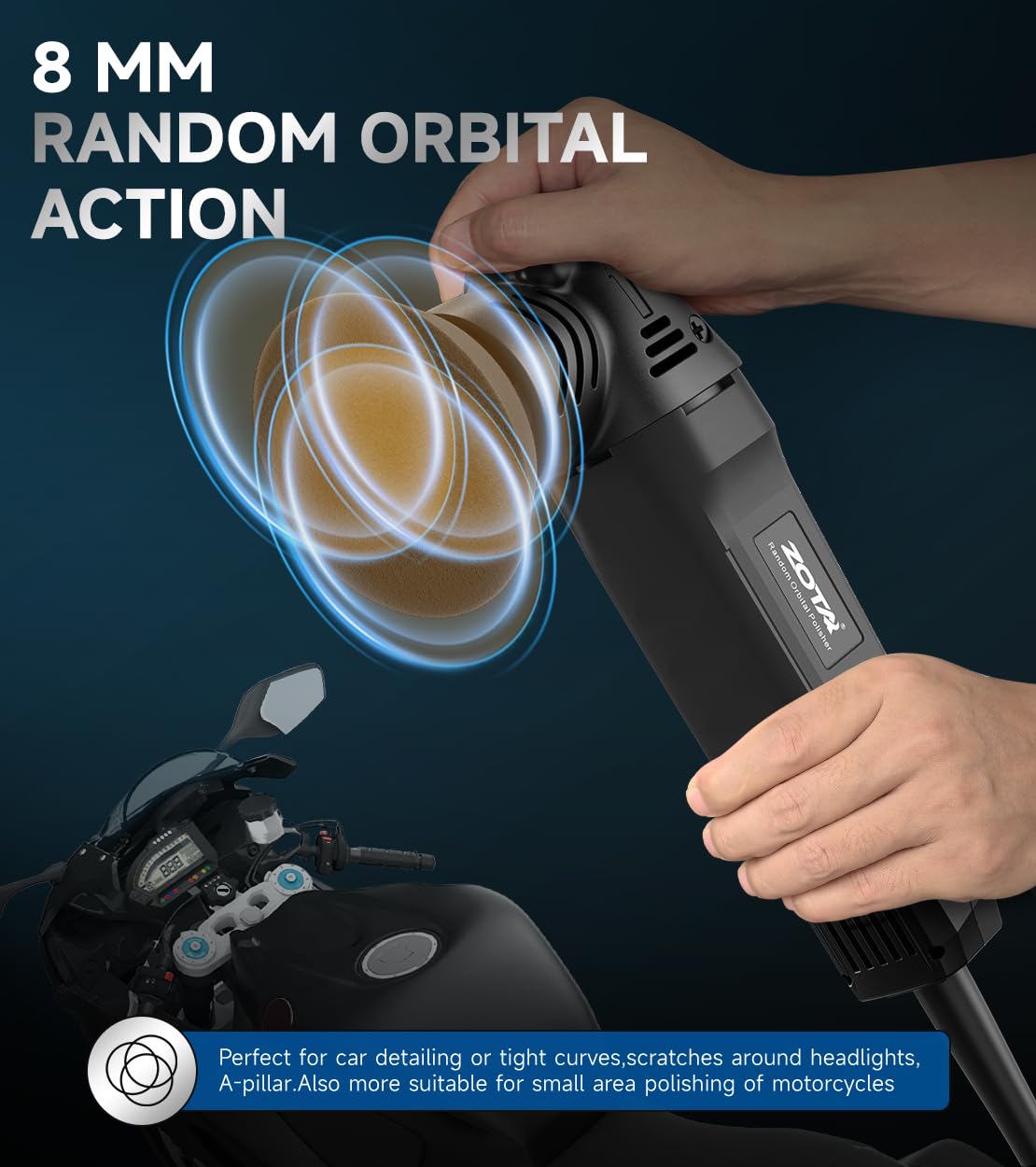 ZOTA mini buffer in a detailing scene showing portability and professional results