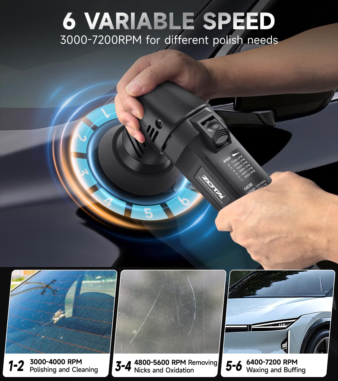ZOTA mini buffer polishing a headlight to restore clarity and improve appearance